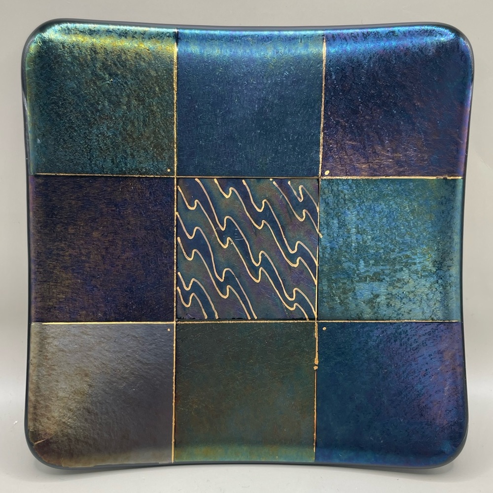 Vintage Barrett Fused Glass Iridescent Plate or Trinket Dish. Signed.